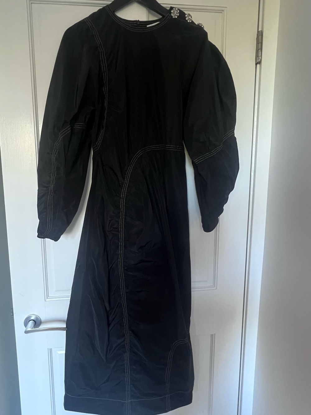 Ganni Black Long Sleeve Midi Dress with Contrast Stitching